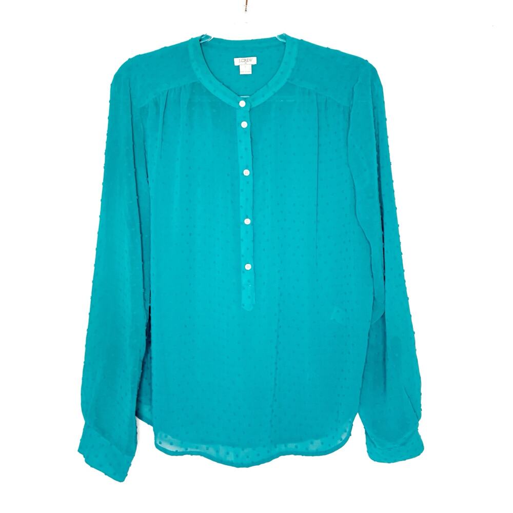 J. Crew Factory Teal Blue Plumetis Semi-Sheer Button Front Blouse Womens Large
